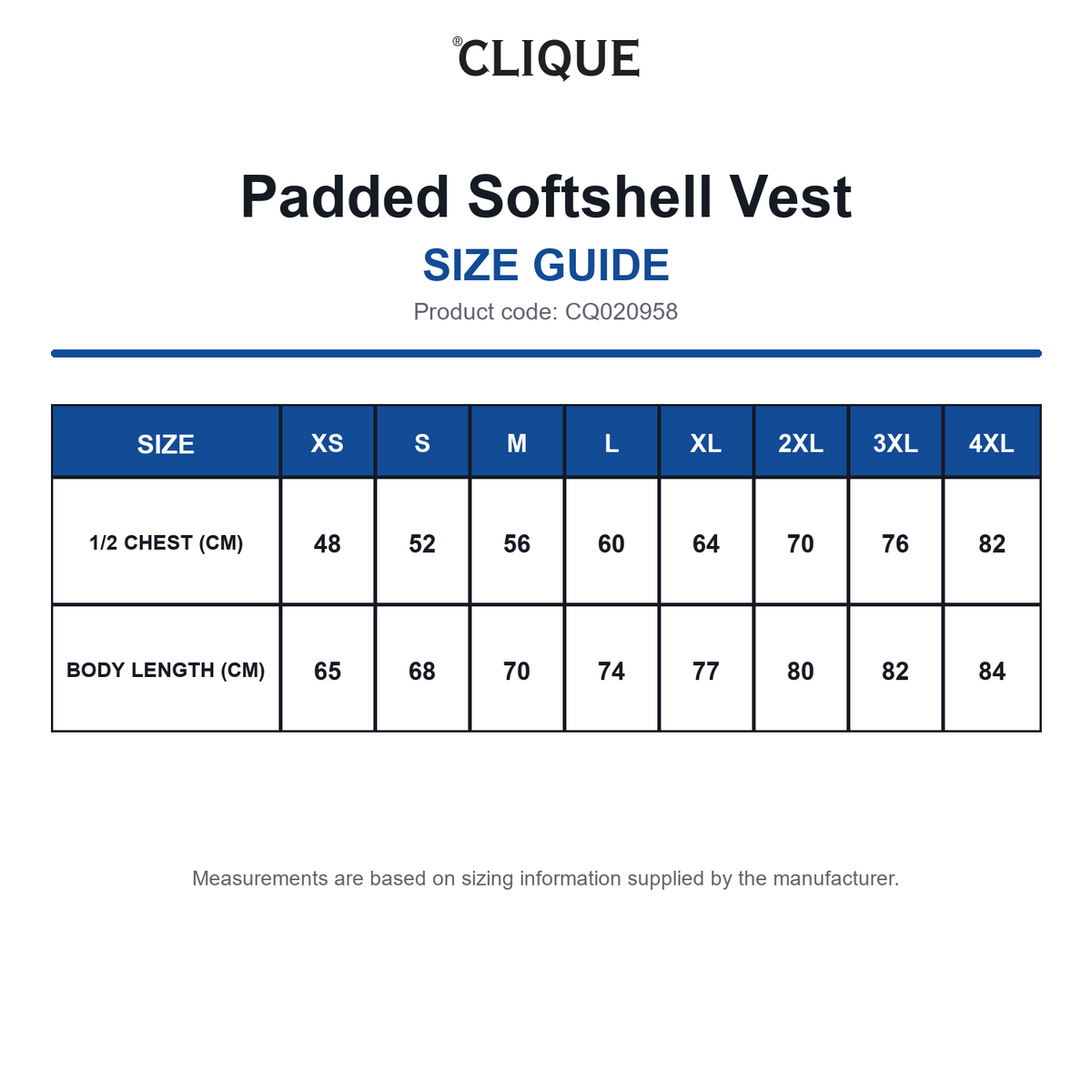 CQ020958 Clique Padded Softshell Vest size guide (CQ020958)
