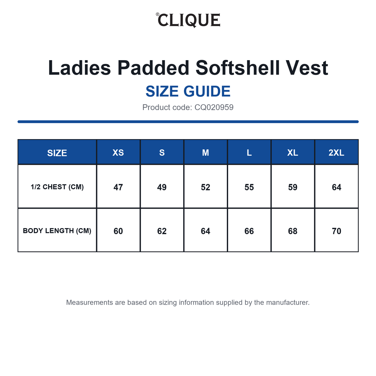 CQ020959 Clique Ladies Padded Softshell Vest size guide (CQ020959)