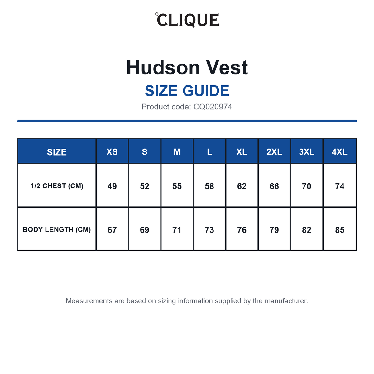 CQ020974 Clique Hudson Vest size guide (CQ020974)