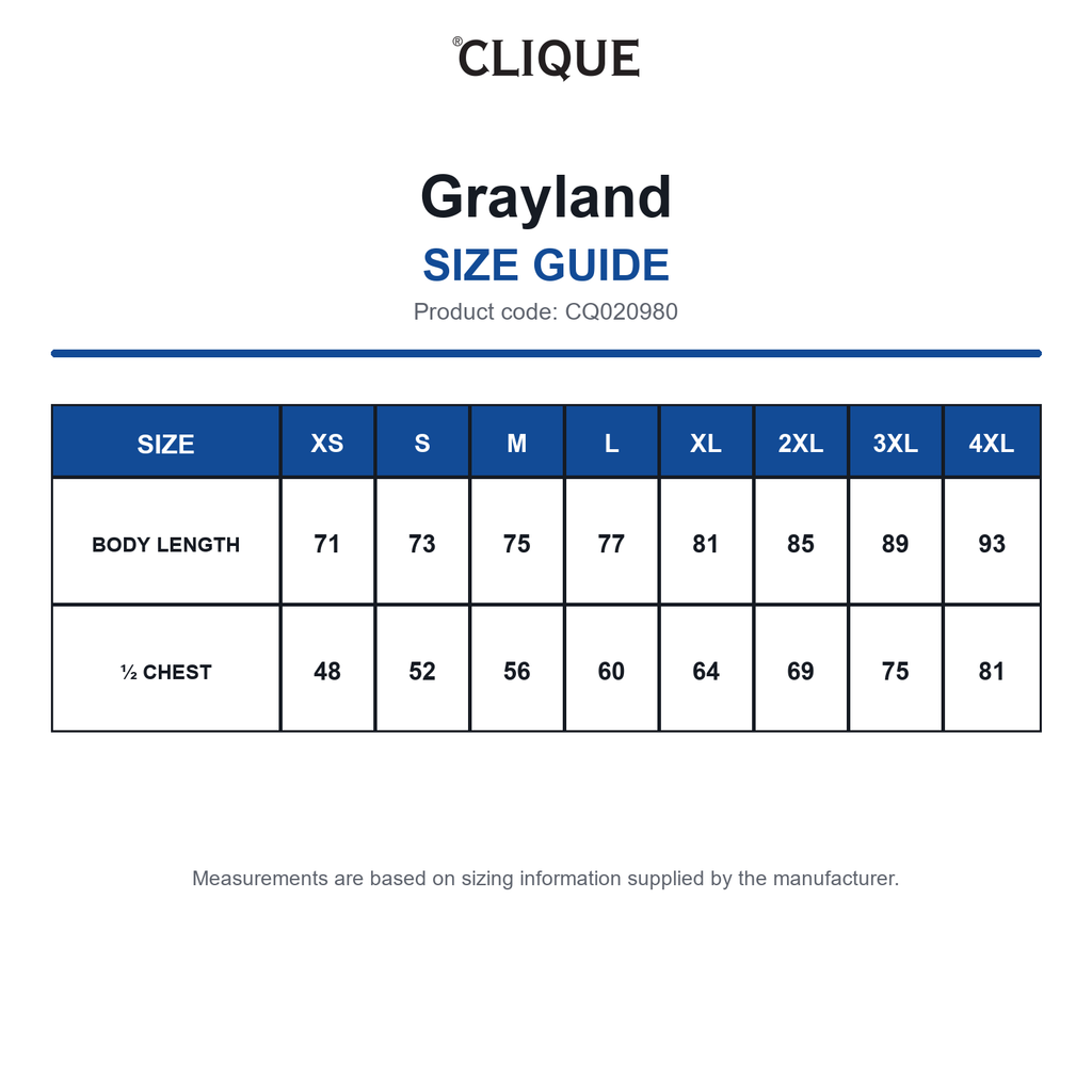 CQ020980 Clique Grayland size guide (CQ020980)