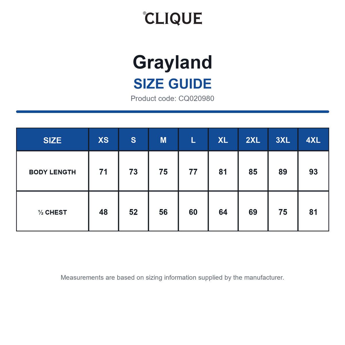 CQ020980 Clique Grayland size guide (CQ020980)