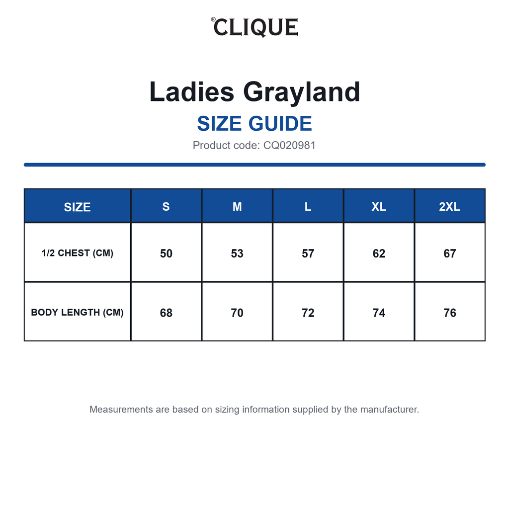 CQ020981 Clique Ladies Grayland size guide (CQ020981)
