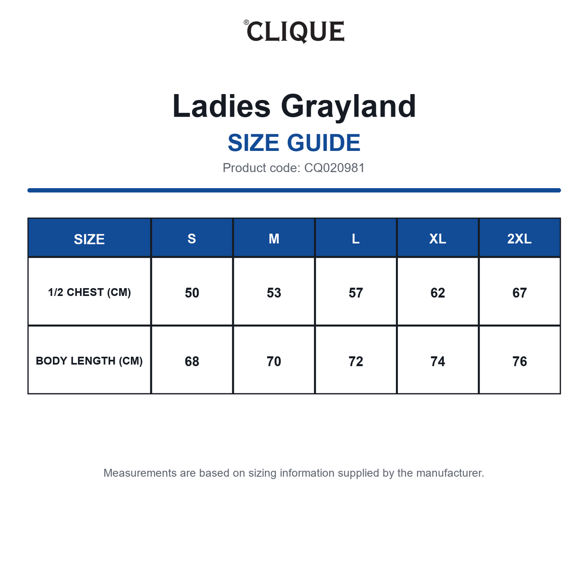 CQ020981 Clique Ladies Grayland size guide (CQ020981)