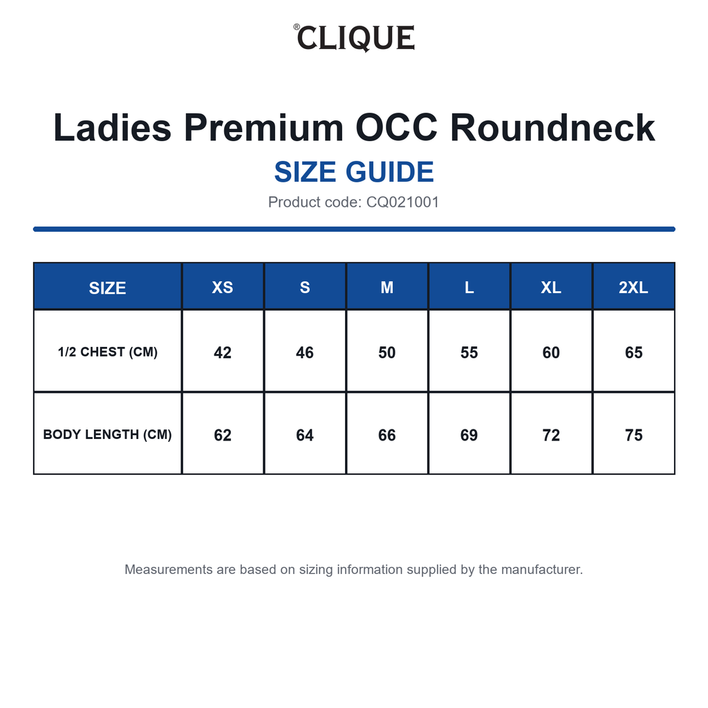 CQ021001 Clique Ladies Premium OCC Roundneck size guide (CQ021001)