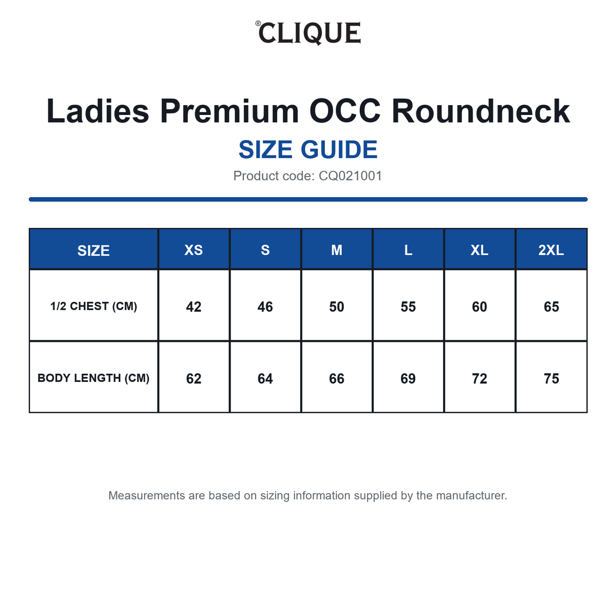CQ021001 Clique Ladies Premium OCC Roundneck size guide (CQ021001)