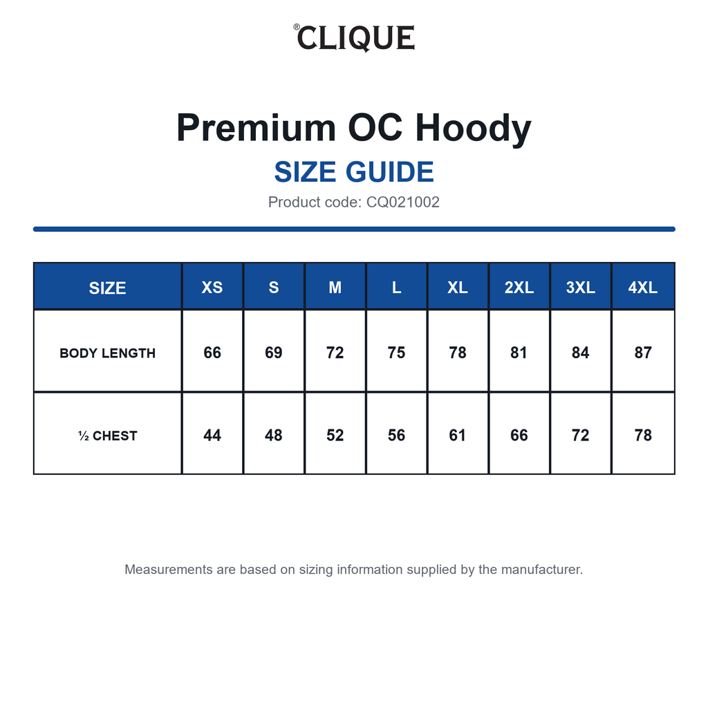 CQ021002 Clique Premium OC Hoody size guide (CQ021002)