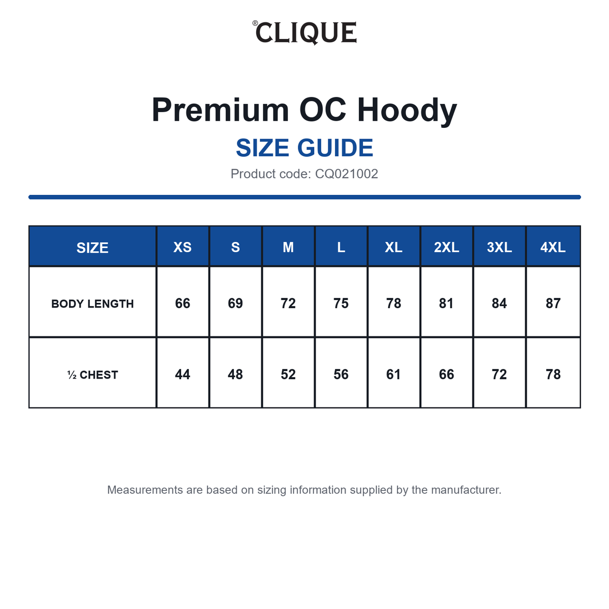 CQ021002 Clique Premium OC Hoody size guide (CQ021002)
