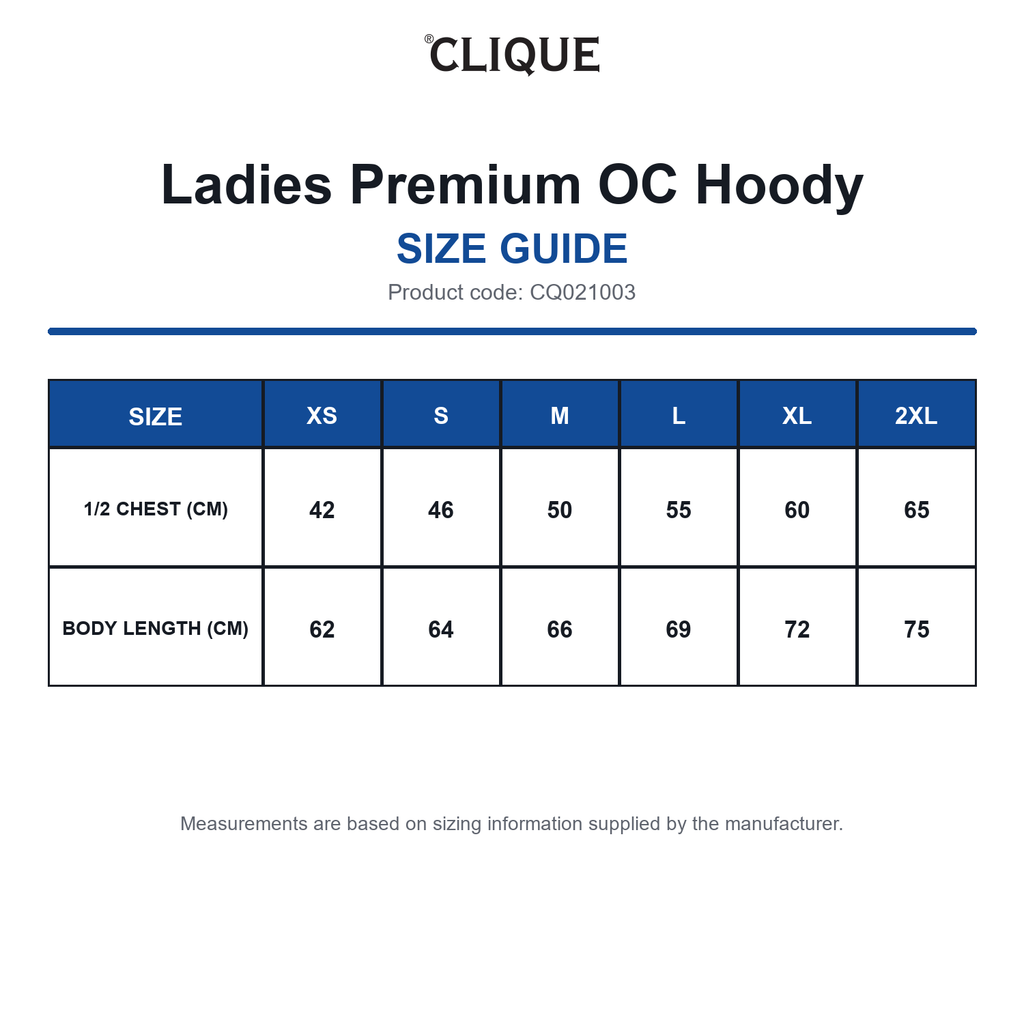 CQ021003 Clique Ladies Premium OC Hoody size guide (CQ021003)