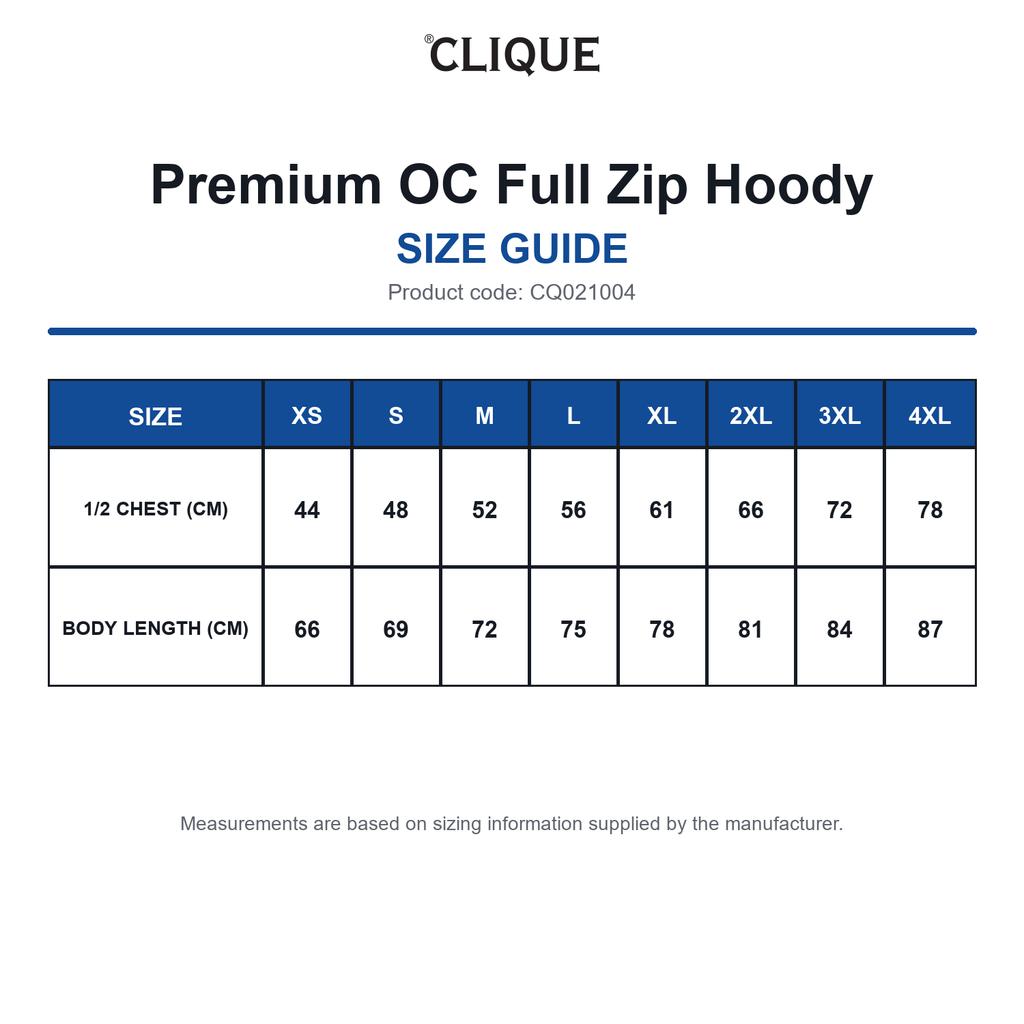 CQ021004 Clique Premium OC Full Zip Hoody size guide (CQ021004)