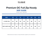 CQ021004 Clique Premium OC Full Zip Hoody size guide (CQ021004)