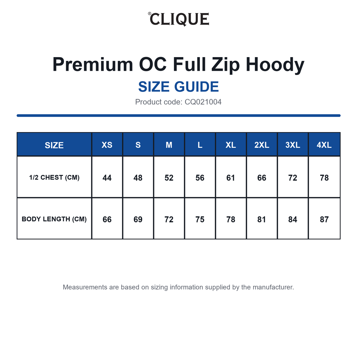 CQ021004 Clique Premium OC Full Zip Hoody size guide (CQ021004)