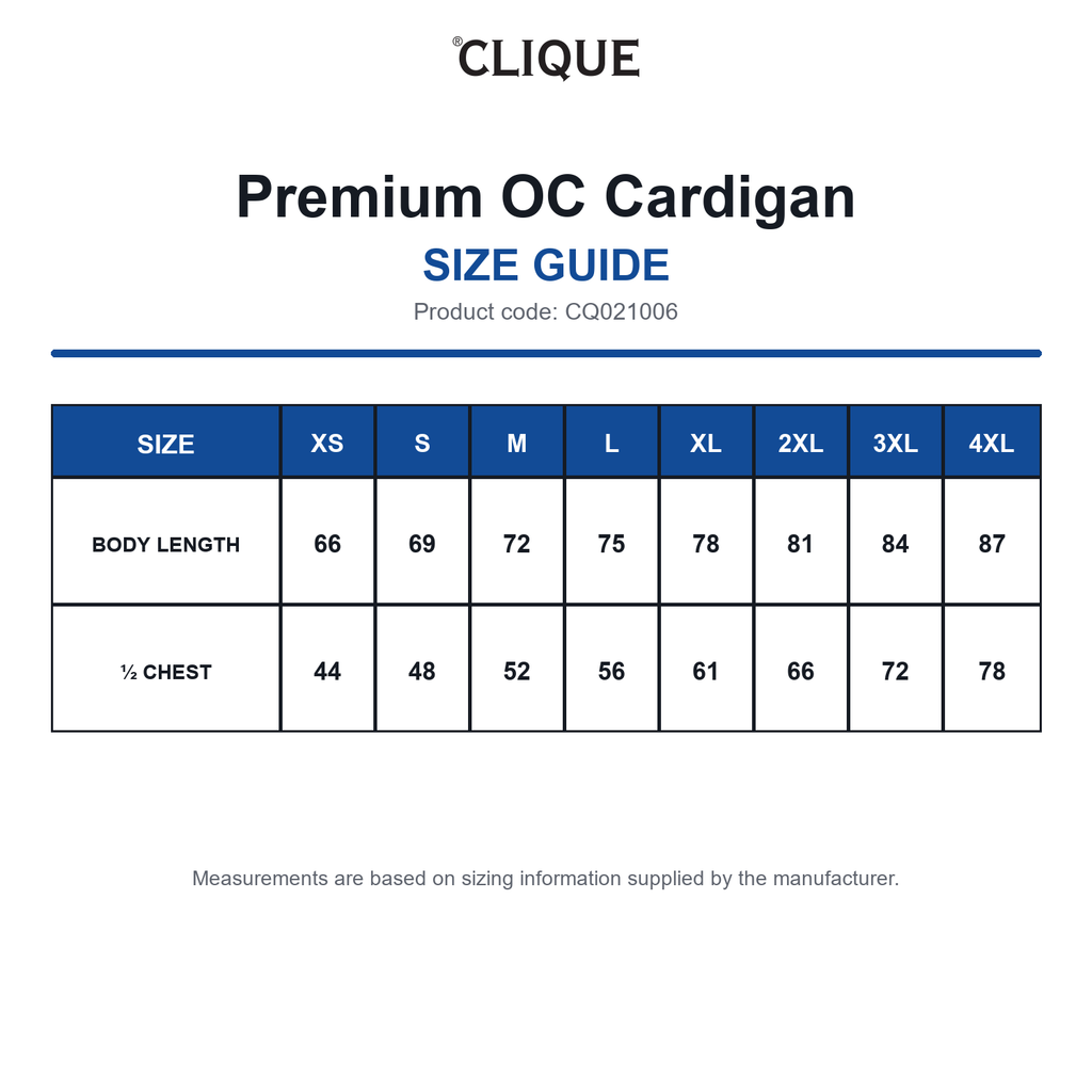 CQ021006 Clique Premium OC Cardigan size guide (CQ021006)