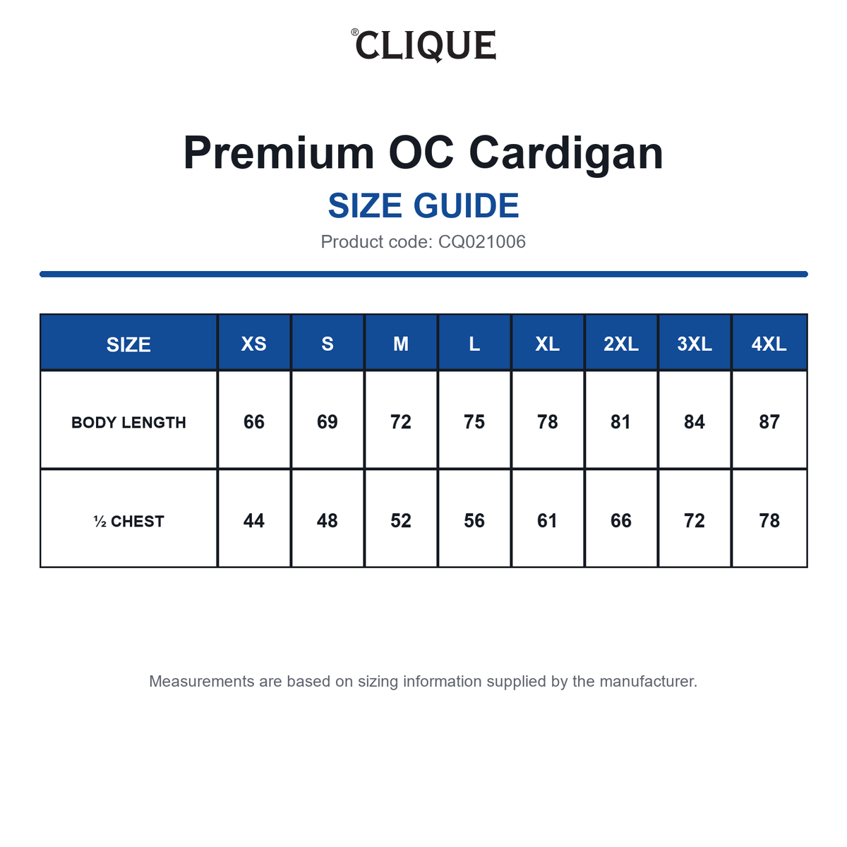 CQ021006 Clique Premium OC Cardigan size guide (CQ021006)