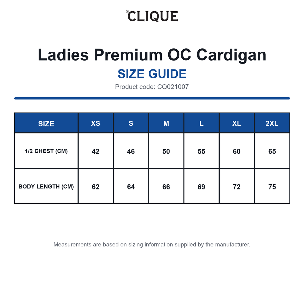 CQ021007 Clique Ladies Premium OC Cardigan size guide (CQ021007)