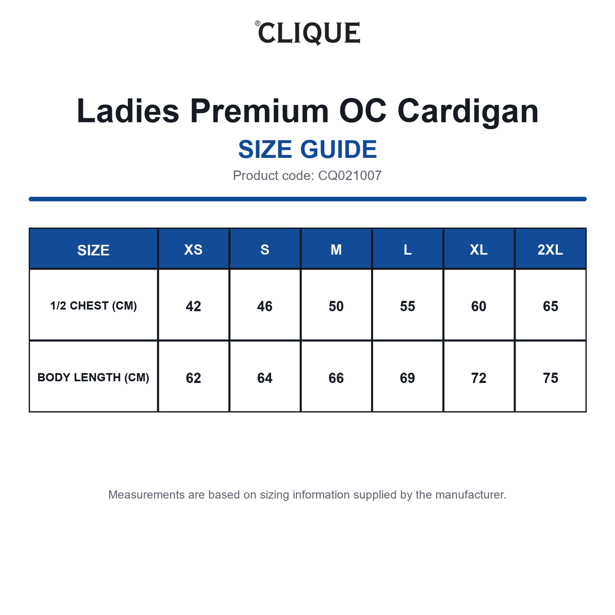 CQ021007 Clique Ladies Premium OC Cardigan size guide (CQ021007)