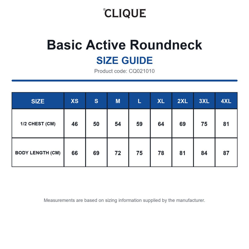 CQ021010 Clique Basic Active Roundneck size guide (CQ021010)