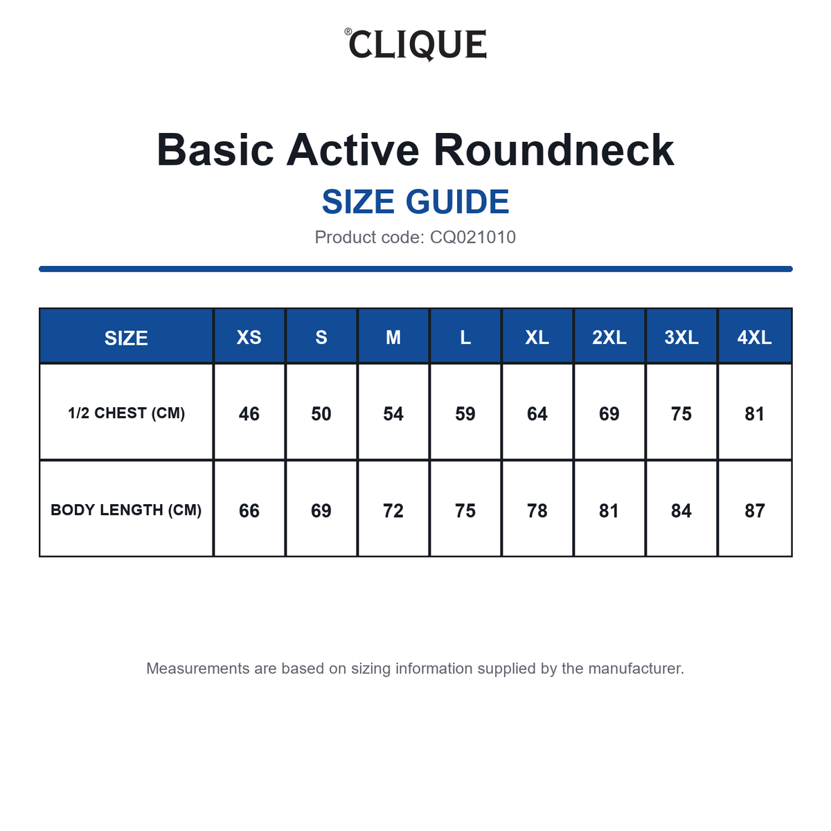 CQ021010 Clique Basic Active Roundneck size guide (CQ021010)