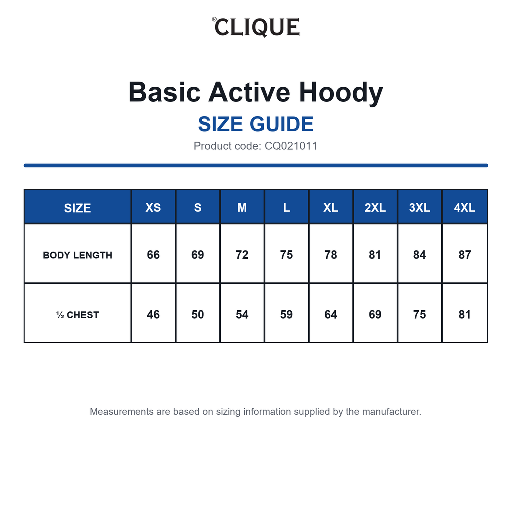CQ021011 Clique Basic Active Hoody size guide (CQ021011)