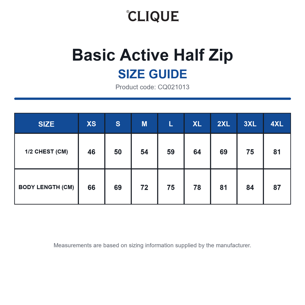 CQ021013 Clique Basic Active Half Zip size guide (CQ021013)