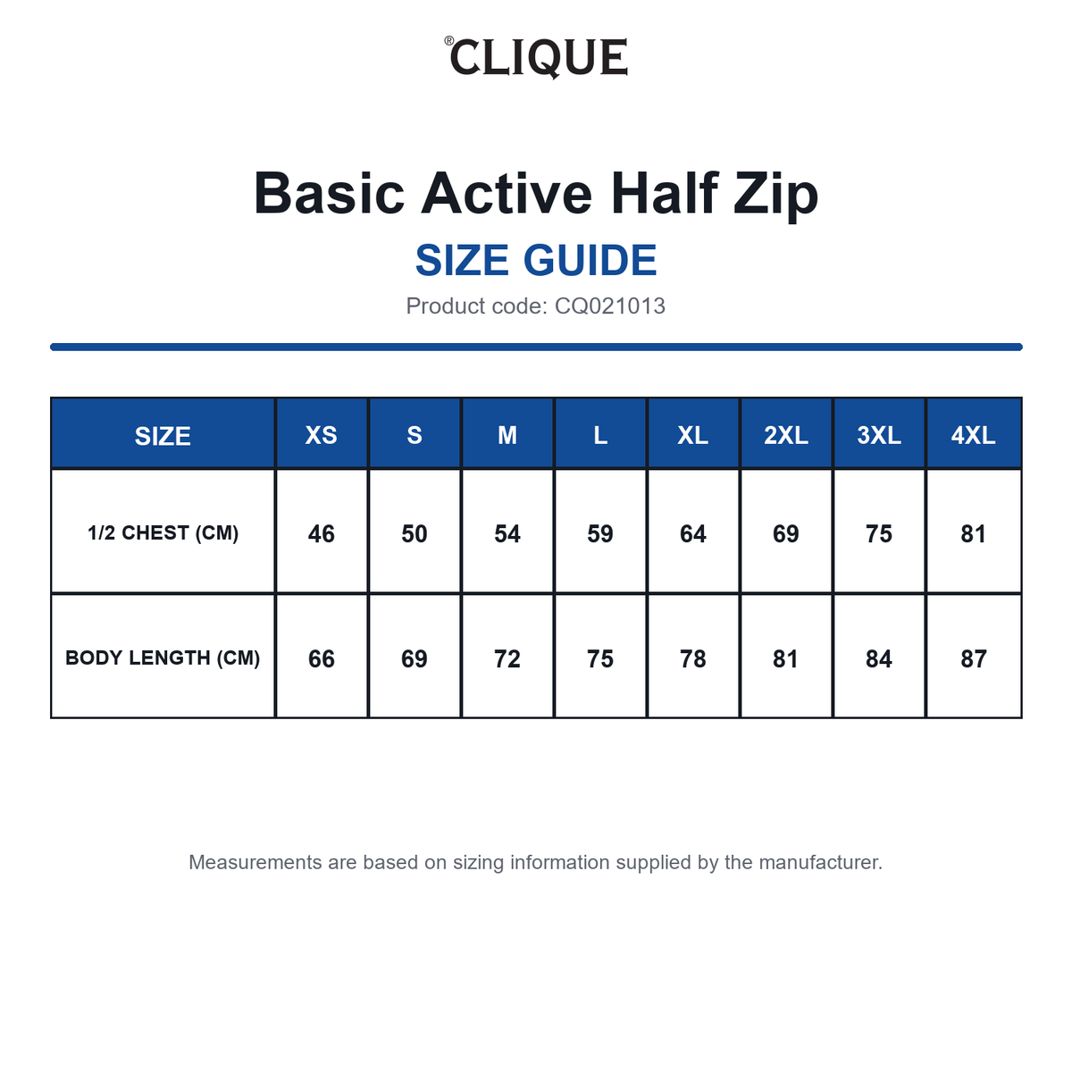 CQ021013 Clique Basic Active Half Zip size guide (CQ021013)