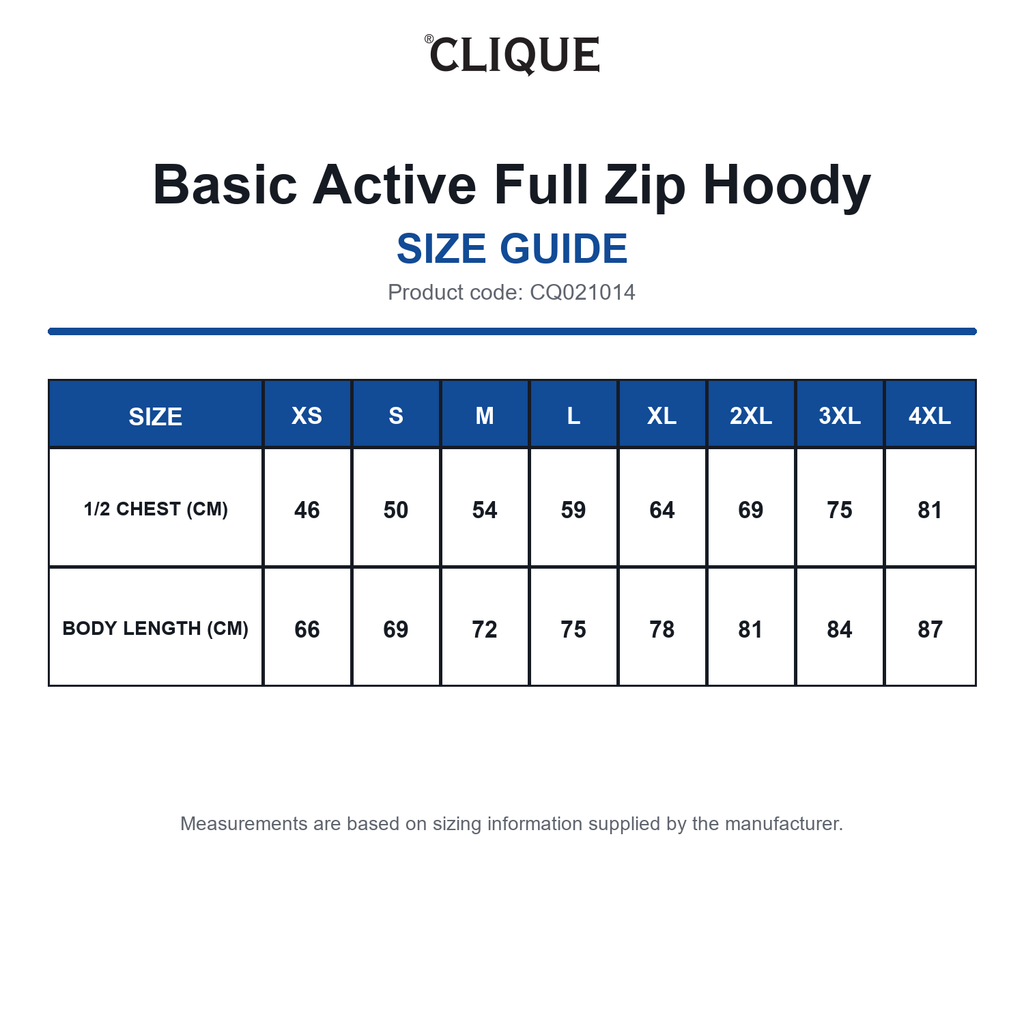 CQ021014 Clique Basic Active Full Zip Hoody size guide (CQ021014)
