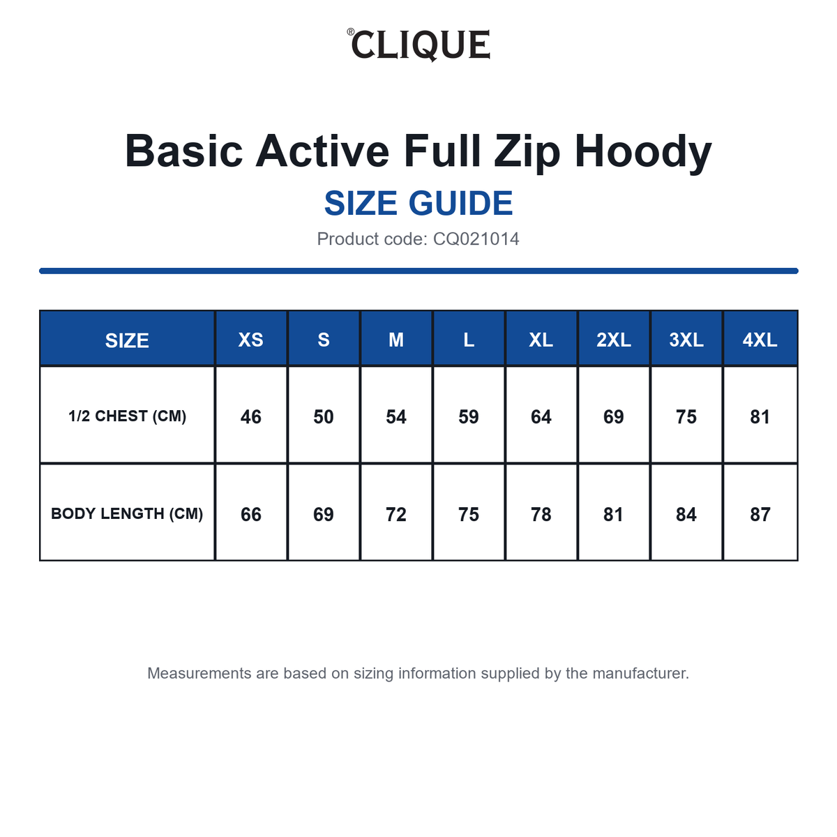 CQ021014 Clique Basic Active Full Zip Hoody size guide (CQ021014)