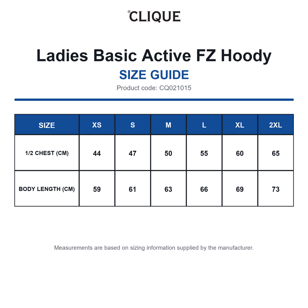 CQ021015 Clique Ladies Basic Active FZ Hoody size guide (CQ021015)
