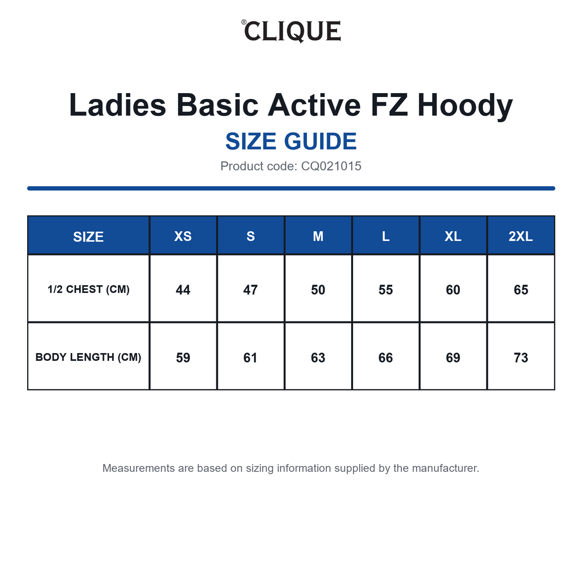 CQ021015 Clique Ladies Basic Active FZ Hoody size guide (CQ021015)