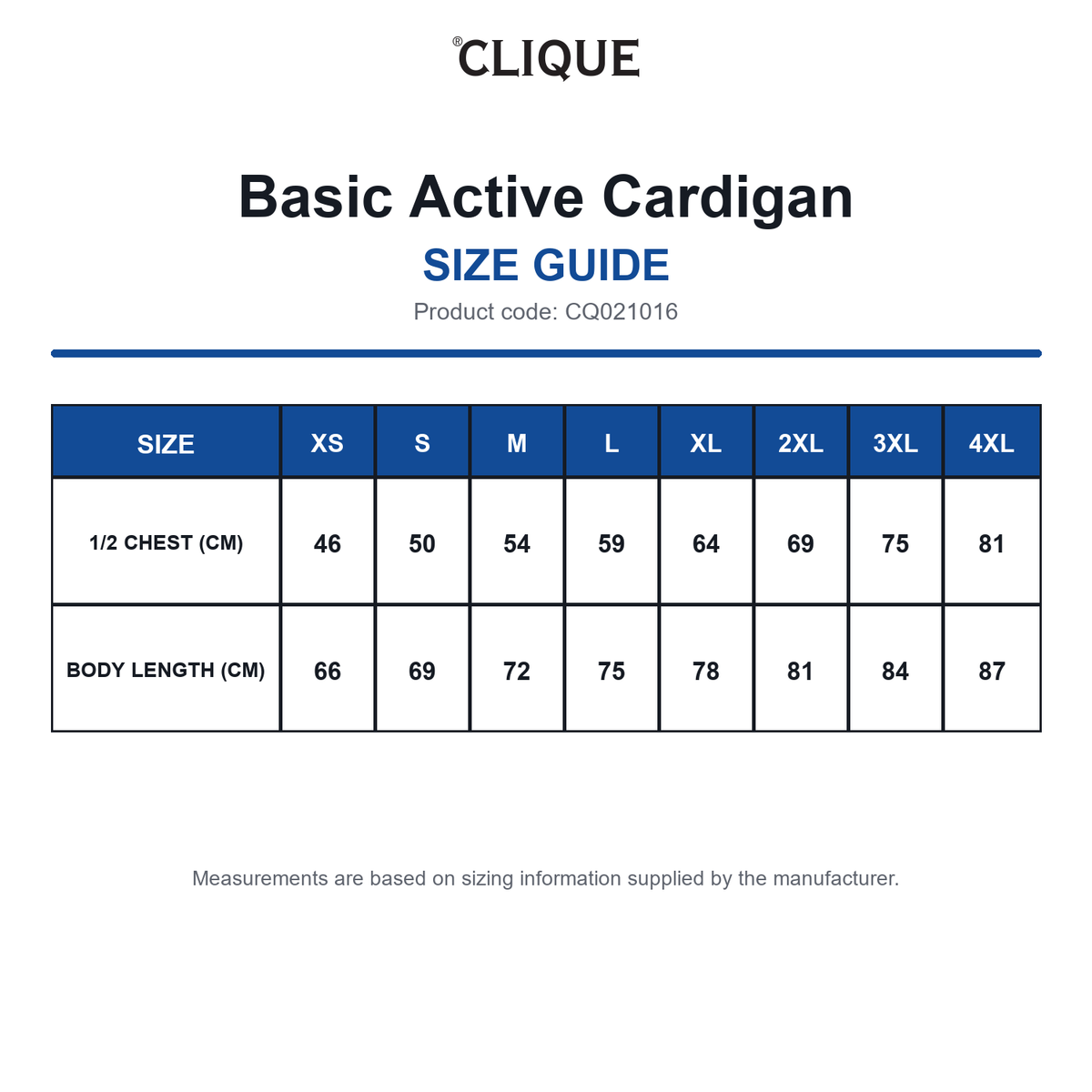 CQ021016 Clique Basic Active Cardigan size guide (CQ021016)
