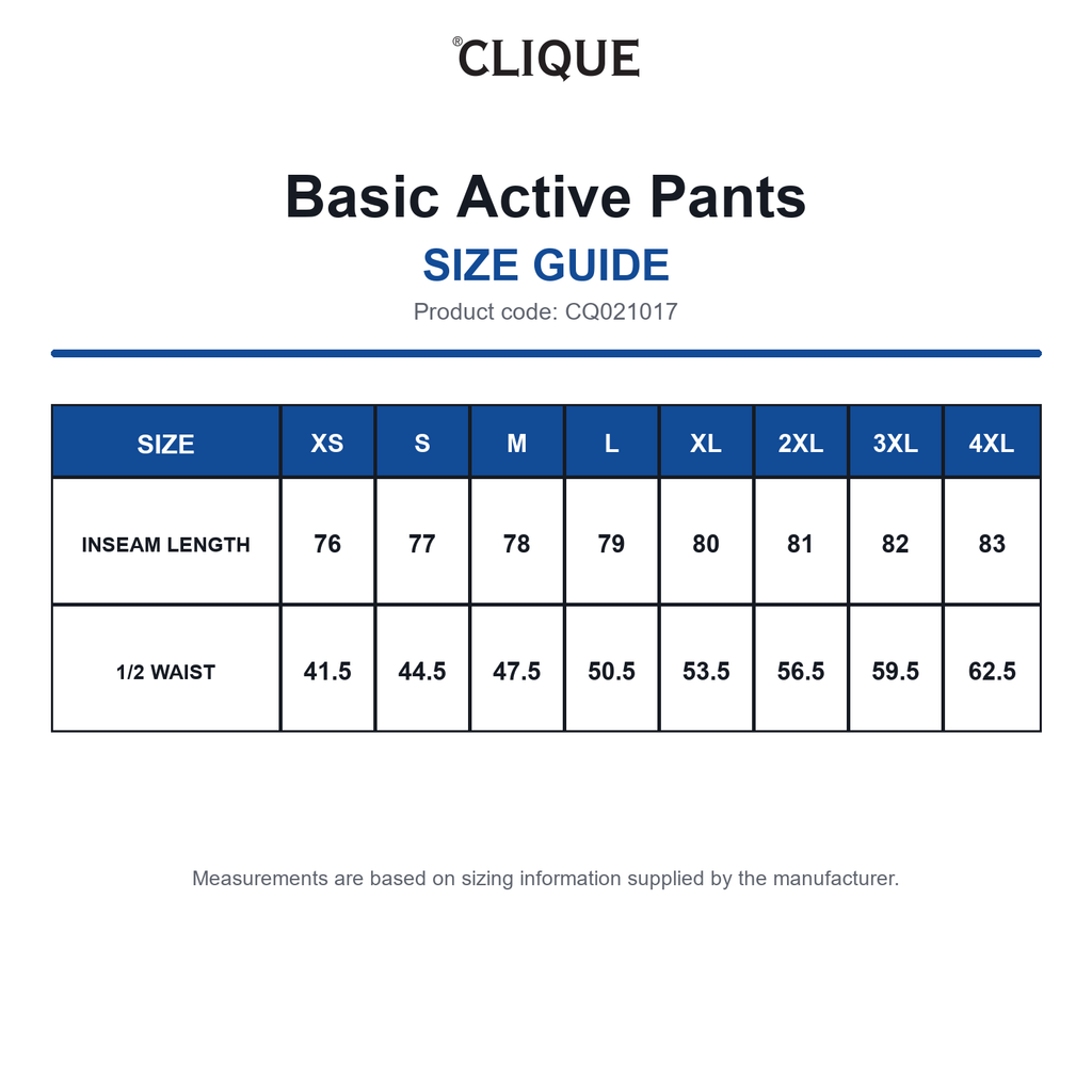 CQ021017 Clique Basic Active Pants size guide (CQ021017)