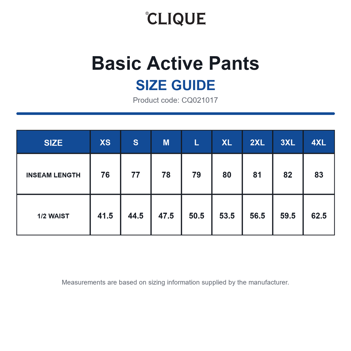 CQ021017 Clique Basic Active Pants size guide (CQ021017)