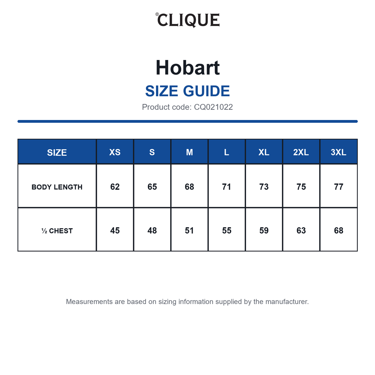 CQ021022 Clique Hobart size guide (CQ021022)