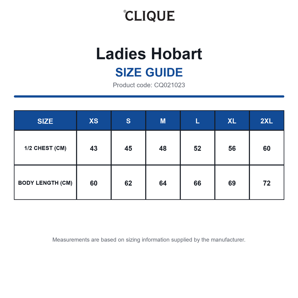 CQ021023 Clique Ladies Hobart size guide (CQ021023)