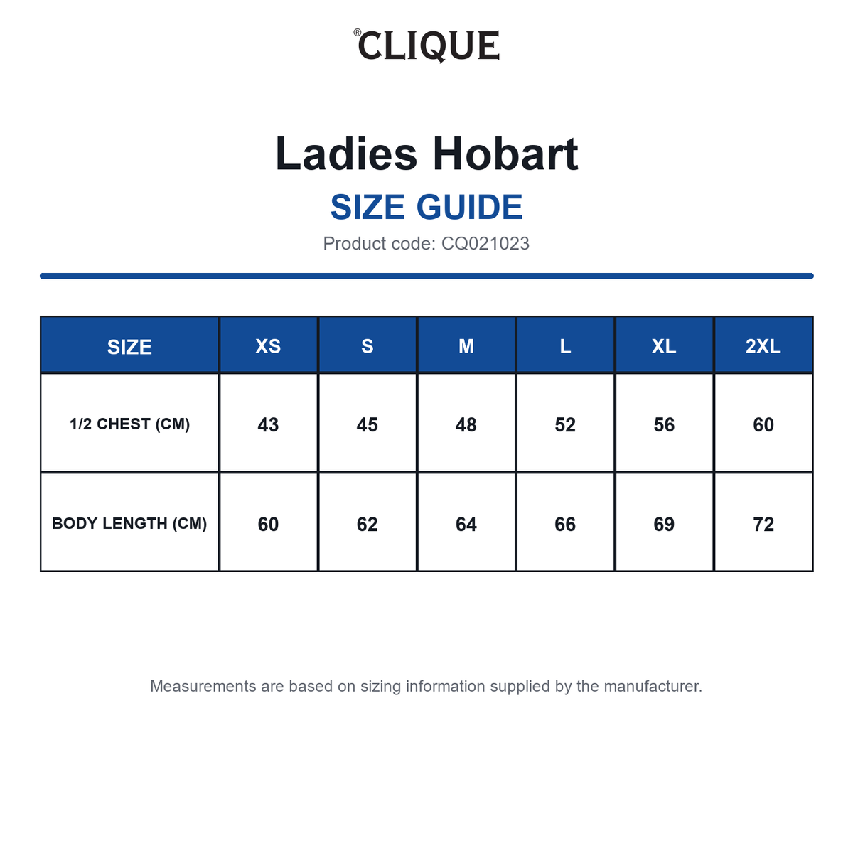 CQ021023 Clique Ladies Hobart size guide (CQ021023)