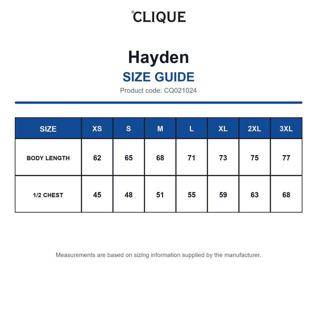 CQ021024 Clique Hayden size guide (CQ021024)