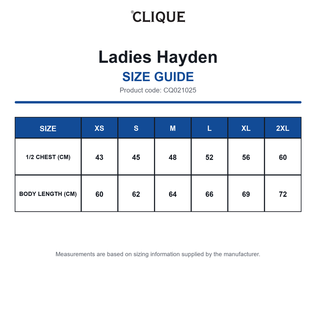 CQ021025 Clique Ladies Hayden size guide (CQ021025)