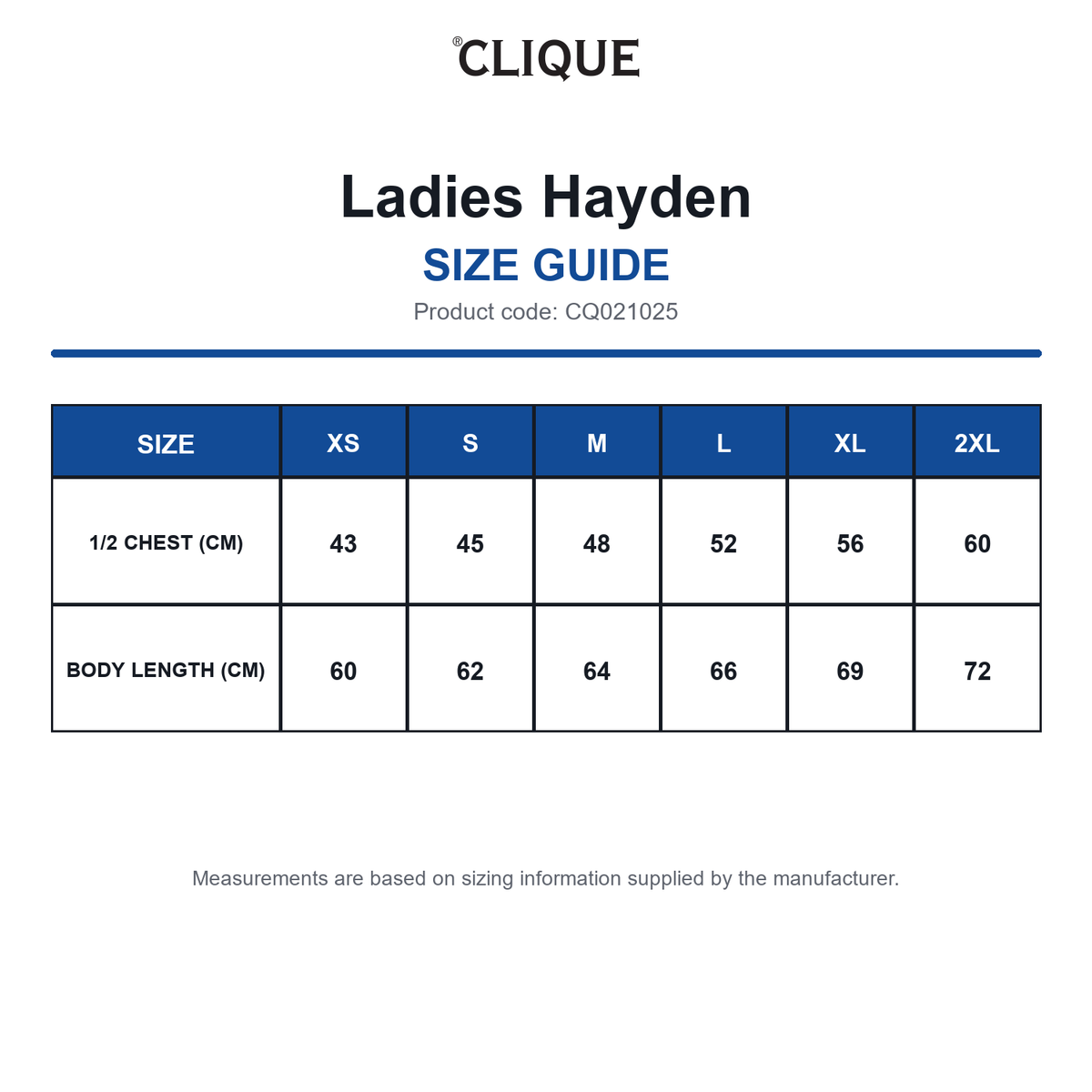 CQ021025 Clique Ladies Hayden size guide (CQ021025)