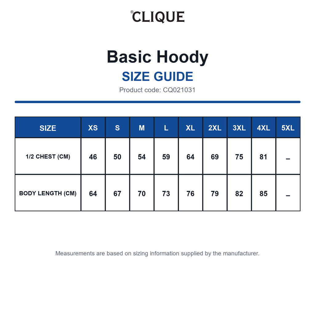 CQ021031 Clique Basic Hoody size guide (CQ021031)