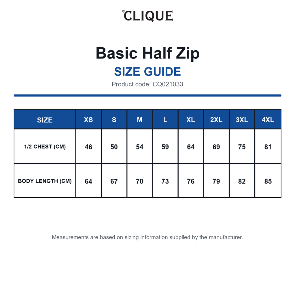 CQ021033 Clique Basic Half Zip size guide (CQ021033)
