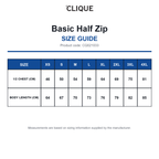CQ021033 Clique Basic Half Zip size guide (CQ021033)