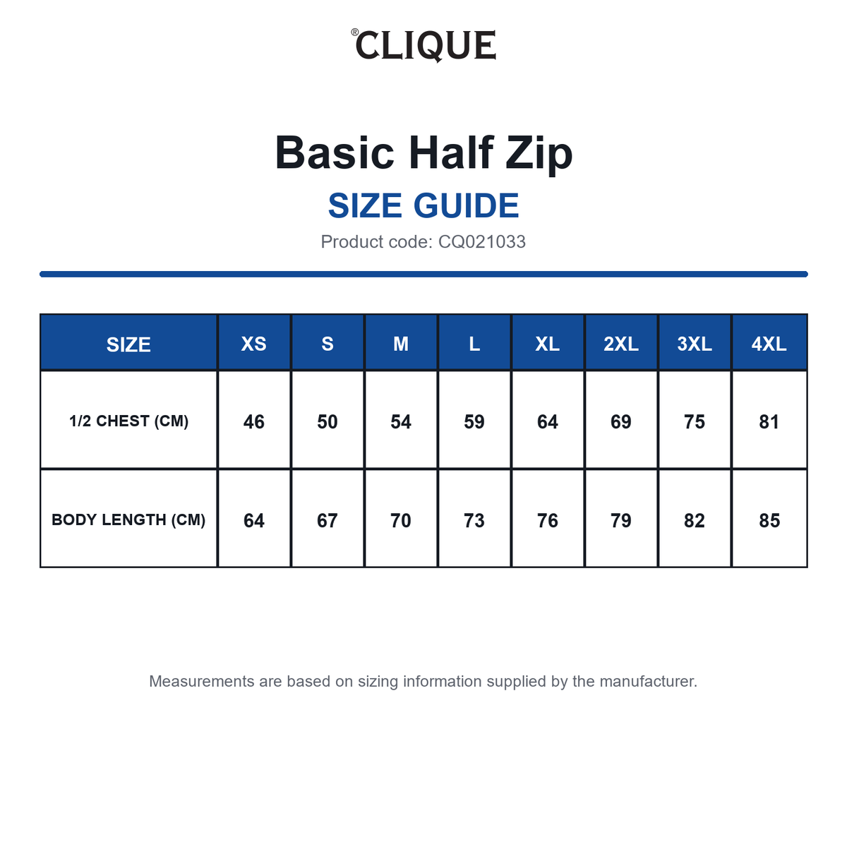 CQ021033 Clique Basic Half Zip size guide (CQ021033)