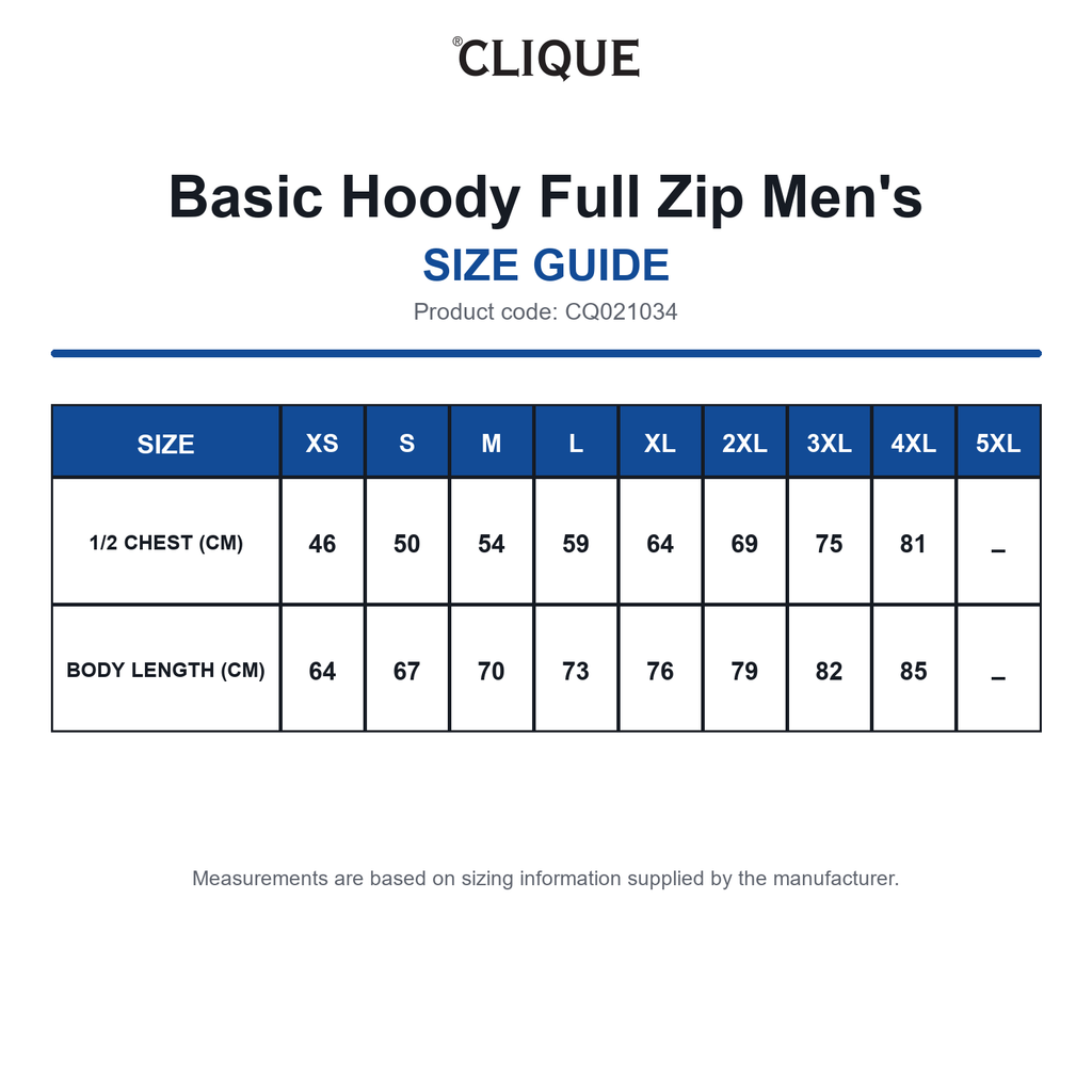 CQ021034 Clique Basic Hoody Full Zip Men's size guide (CQ021034)