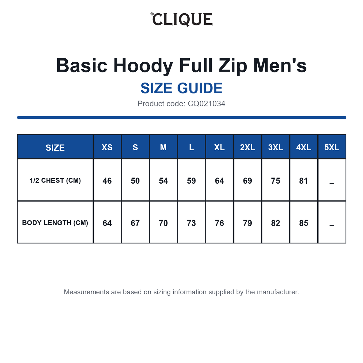 CQ021034 Clique Basic Hoody Full Zip Men's size guide (CQ021034)