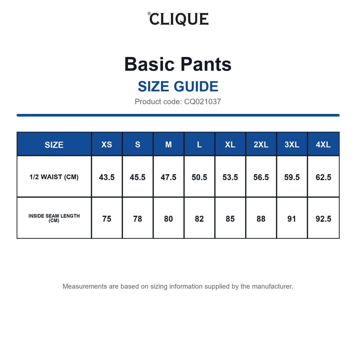 CQ021037 Clique Basic Pants size guide (CQ021037)