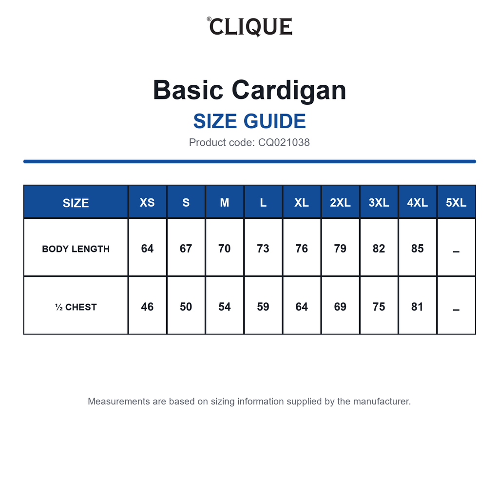 CQ021038 Clique Basic Cardigan size guide (CQ021038)