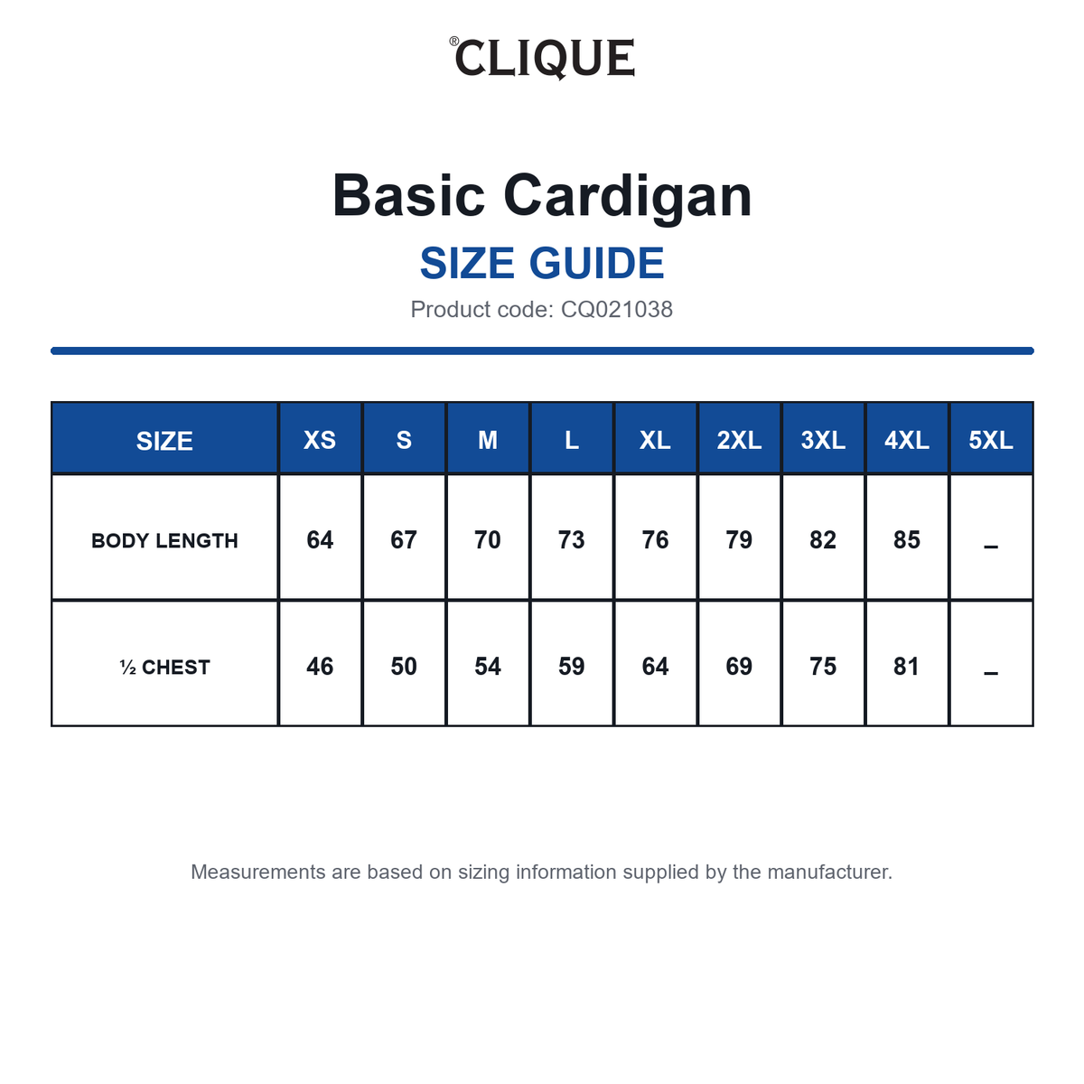 CQ021038 Clique Basic Cardigan size guide (CQ021038)