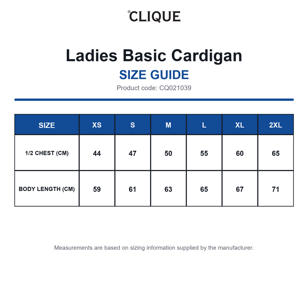 CQ021039 Clique Ladies Basic Cardigan size guide (CQ021039)