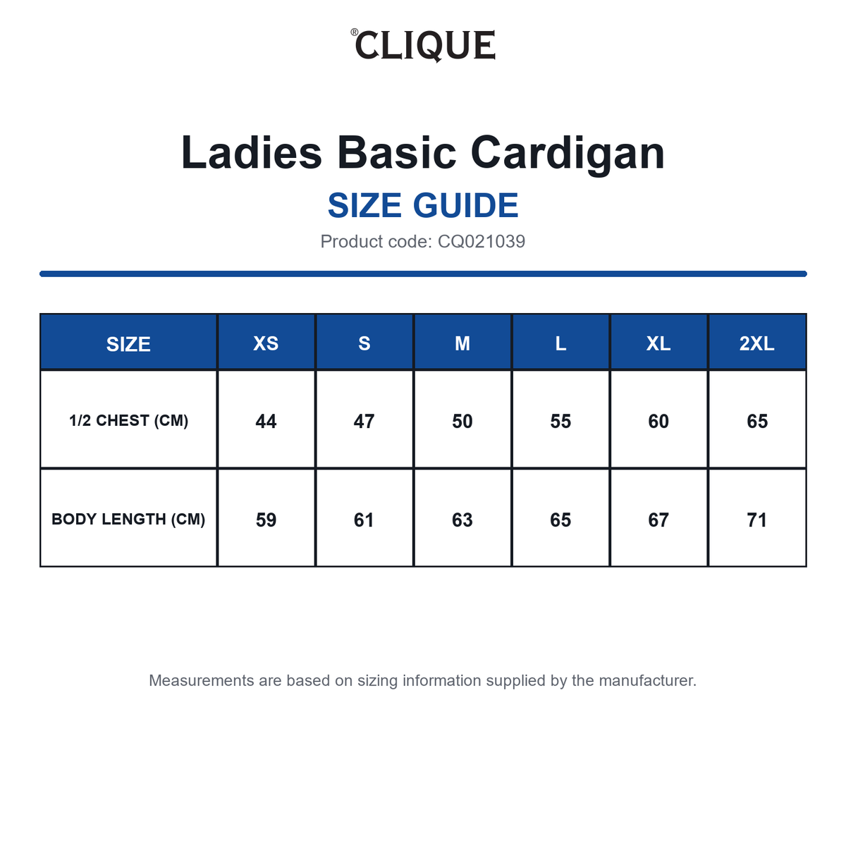 CQ021039 Clique Ladies Basic Cardigan size guide (CQ021039)