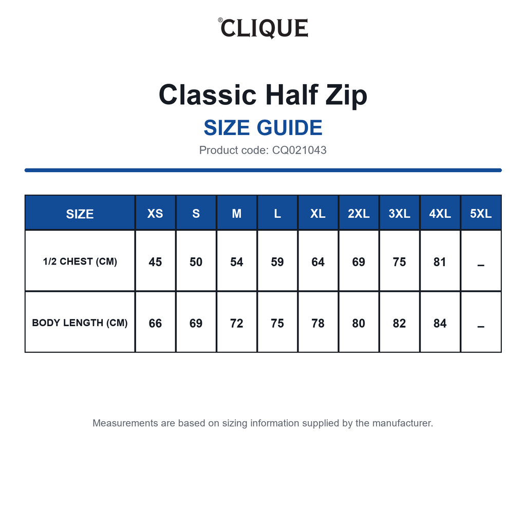 CQ021043 Clique Classic Half Zip size guide (CQ021043)