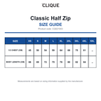 CQ021043 Clique Classic Half Zip size guide (CQ021043)